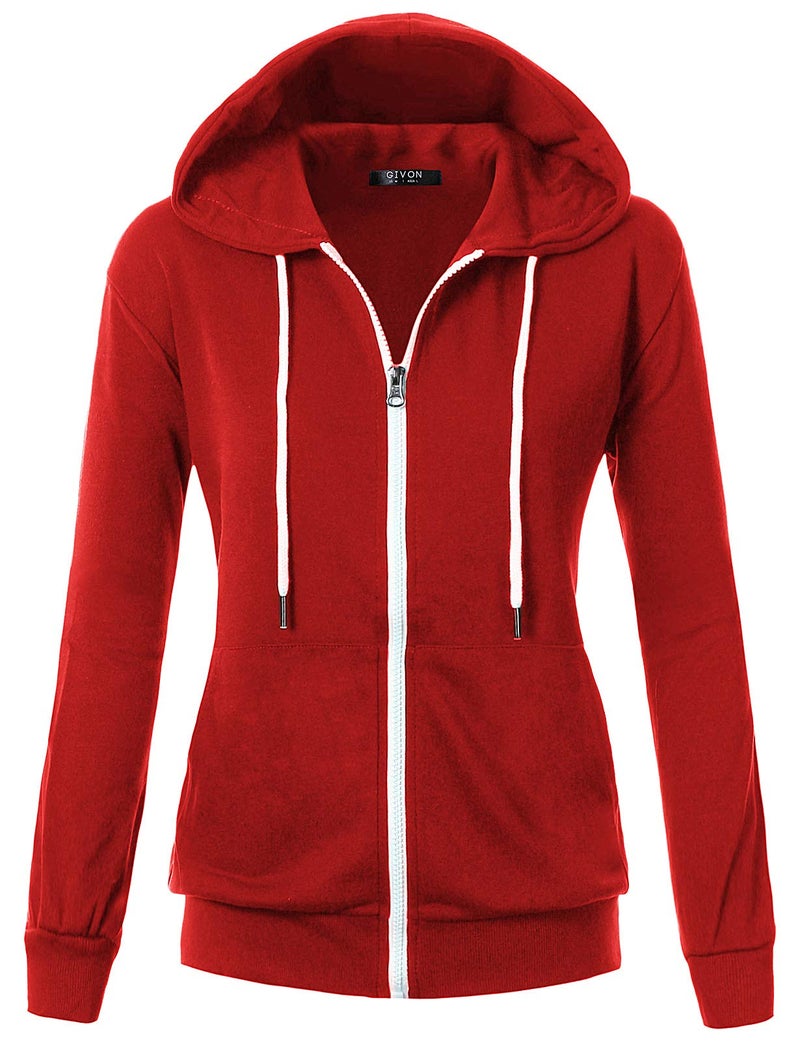 GIVON Women's Lightweight Zip Up Hoodie â€“ Long Sleeve Thin Casual Hooded Jacket, Plus DCF200-RED-L - Image 2